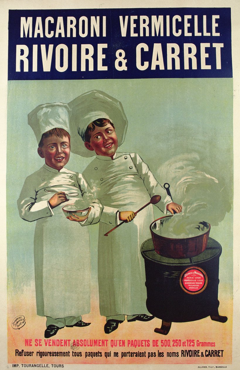 Affisch för reklampasta tillverkad av Rivoire och Carret av French School