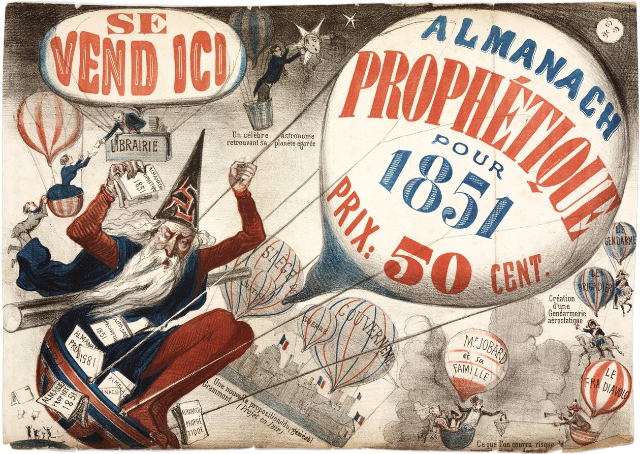 Affisch med reklam för Almanach Prophetique, 1851 av French School