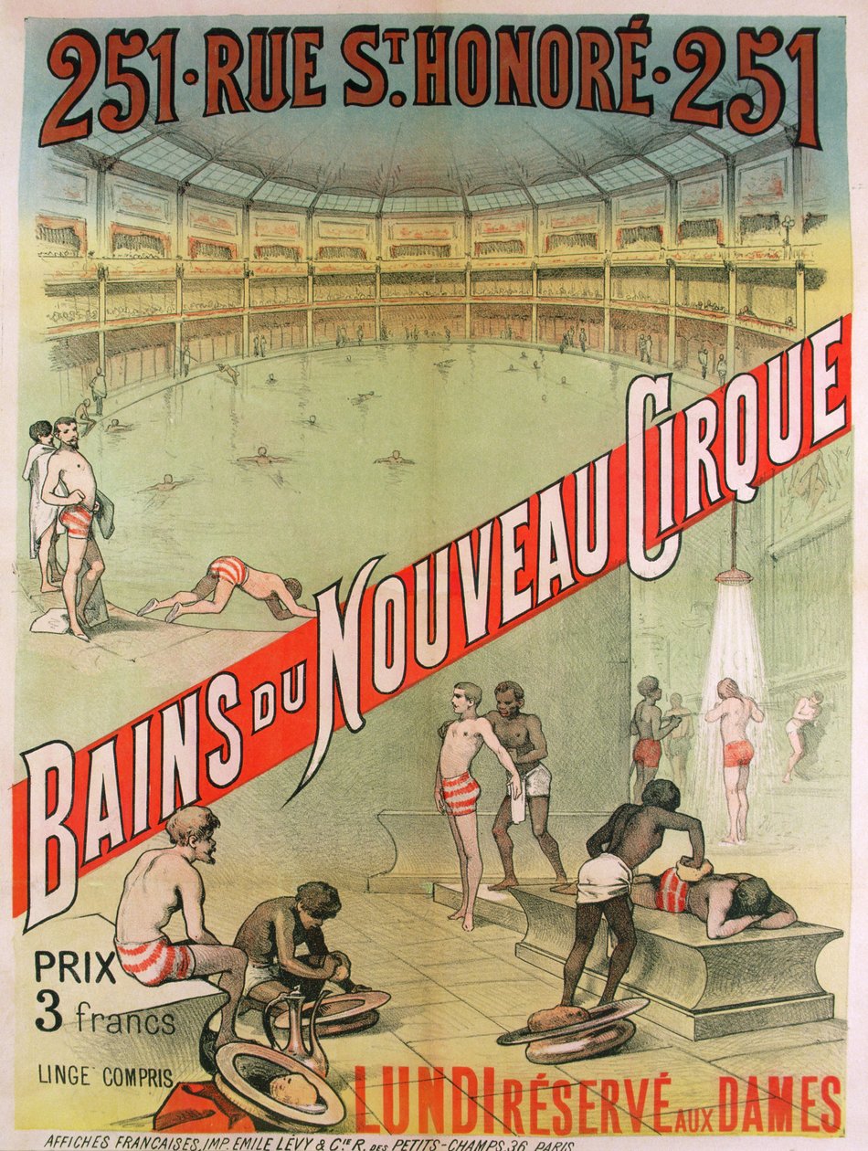 Affisch med reklam för "Bains du Nouveau Cirque", 251 rue St. Honoré, Paris, sent 1800-tal (färglitografi) av French School