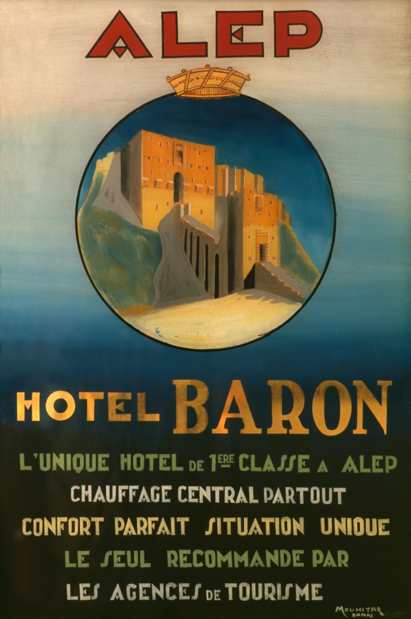 Affisch som annonserar Baron Hotel i Aleppo, ca 1920 av French School
