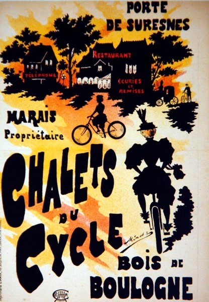 Affisch som reklamerar Chalets du Cycle, Bois de Boulogne, nära Porte de Suresnes av French School