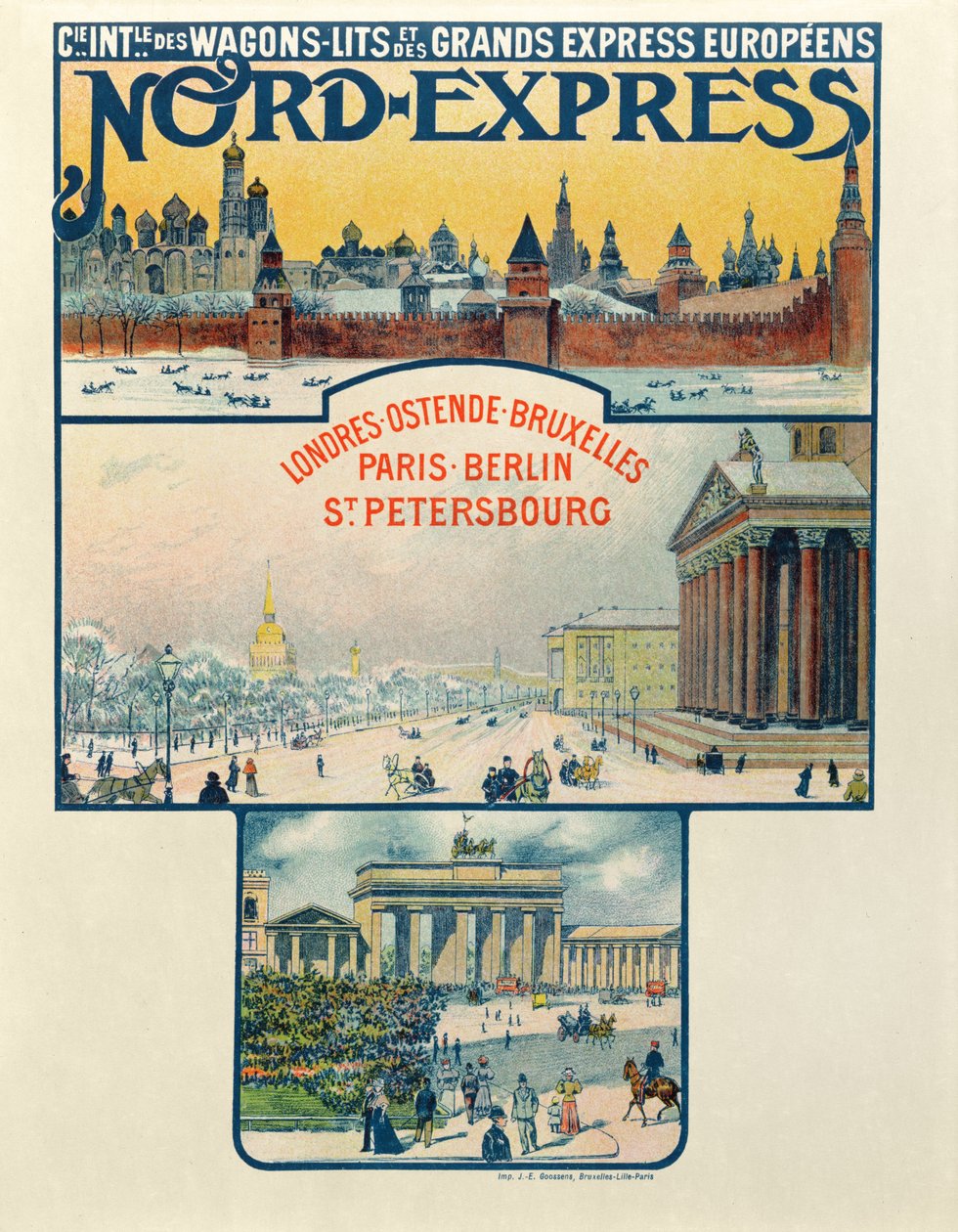 Affisch som annonserar Compagnie des Wagons-Lits et des Grands Express Europeens, London till St Petersburg, tidigt 1900-tal av French School