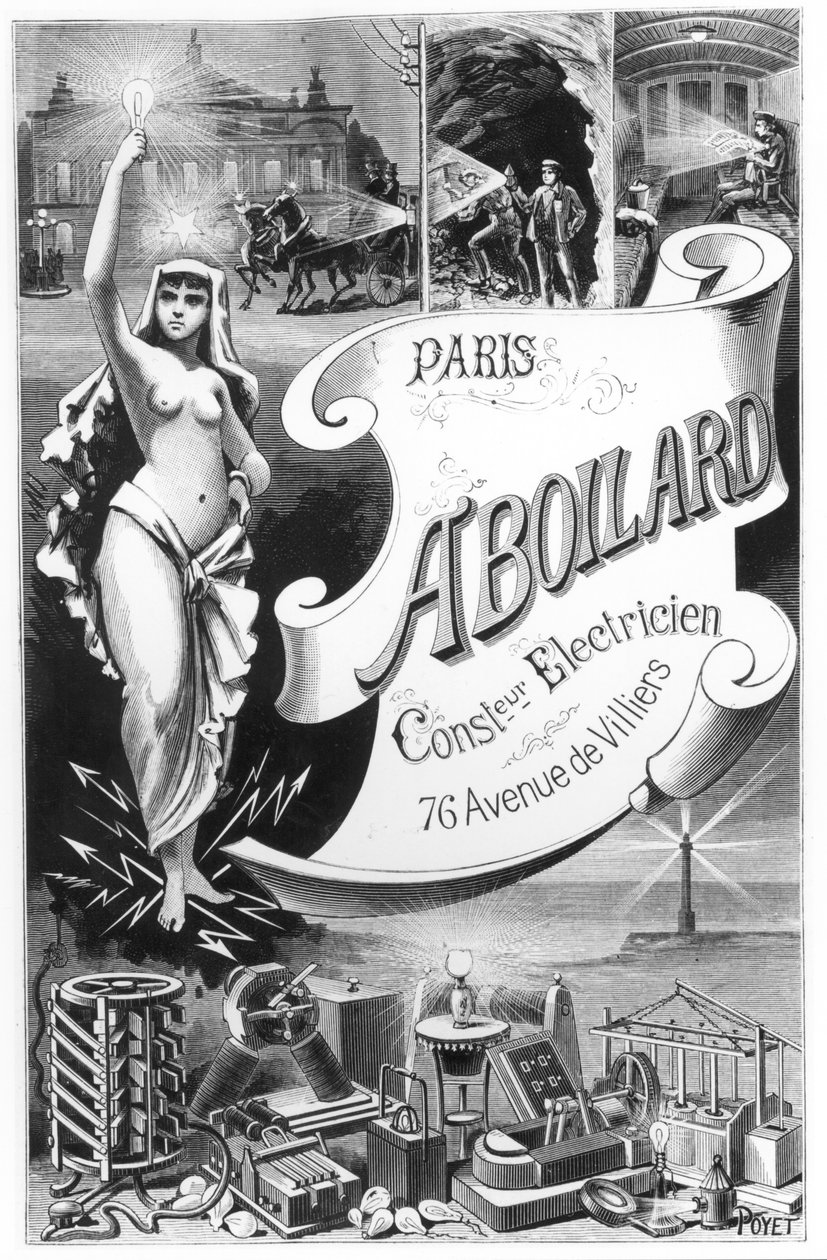 Affisch som annonserar Elfen och de olika användningarna av elektricitet, sent 1800-tal av French School
