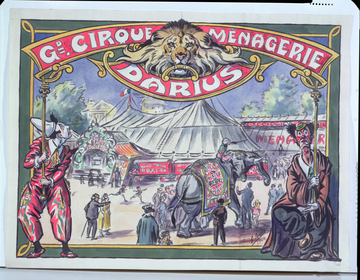 Affisch som annonserar Grand Cirque Menagerie Darius, 1924 (wc på papper) av French School