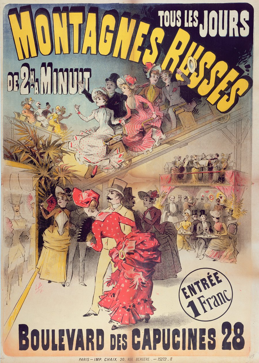 Affisch som annonserar berg-och-dalbanan Montagnes Russes på Boulevard des Capucines, Paris, 1888 av French School