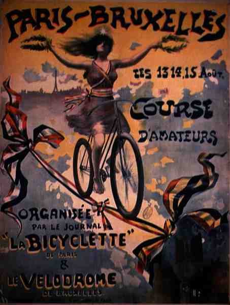 Affisch som annonserar amatörcykelloppet Paris till Bryssel (litho i färg) av French School