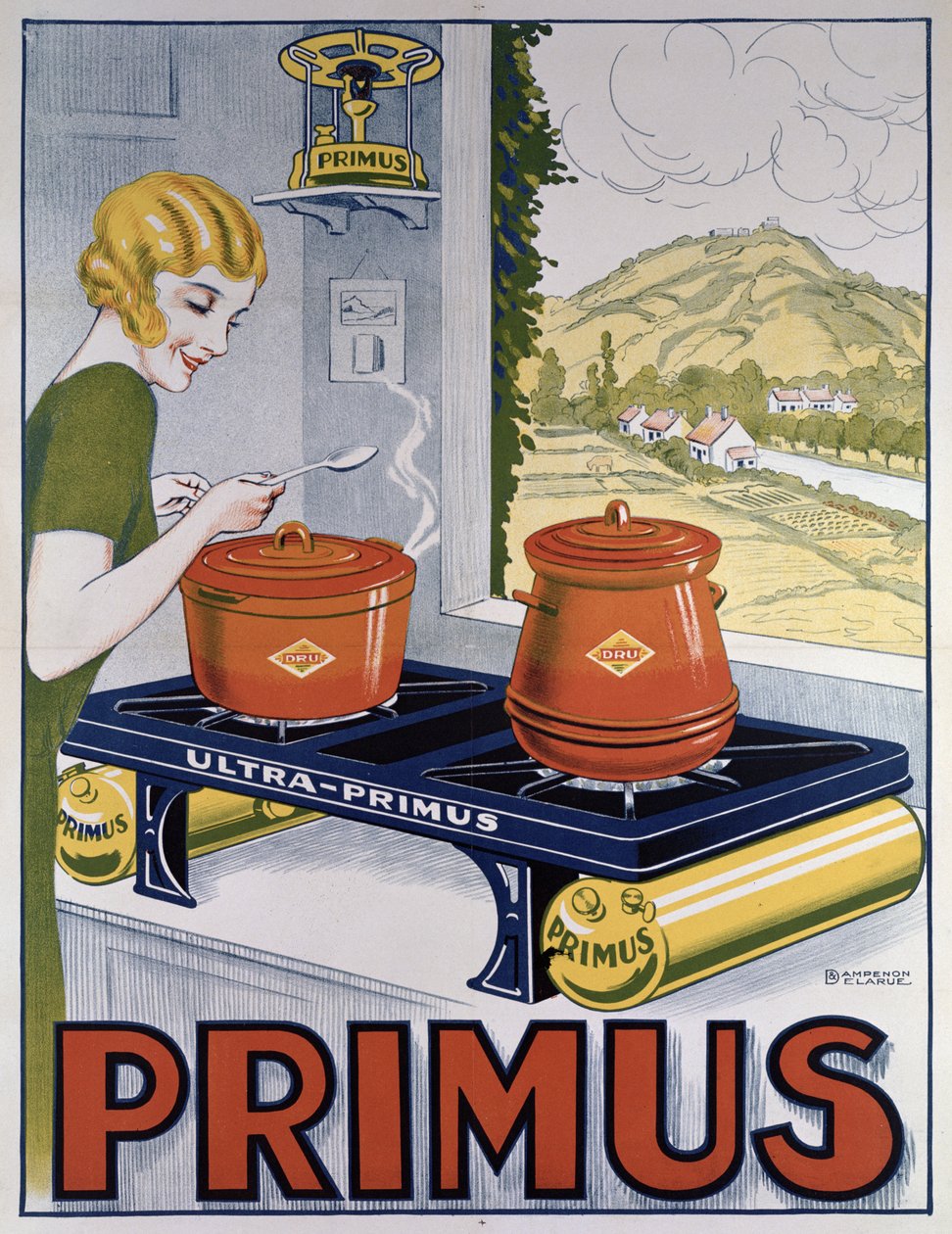 Affisch med reklam för Primus-hällen, tryckt av Dampenon & Elarue av French School