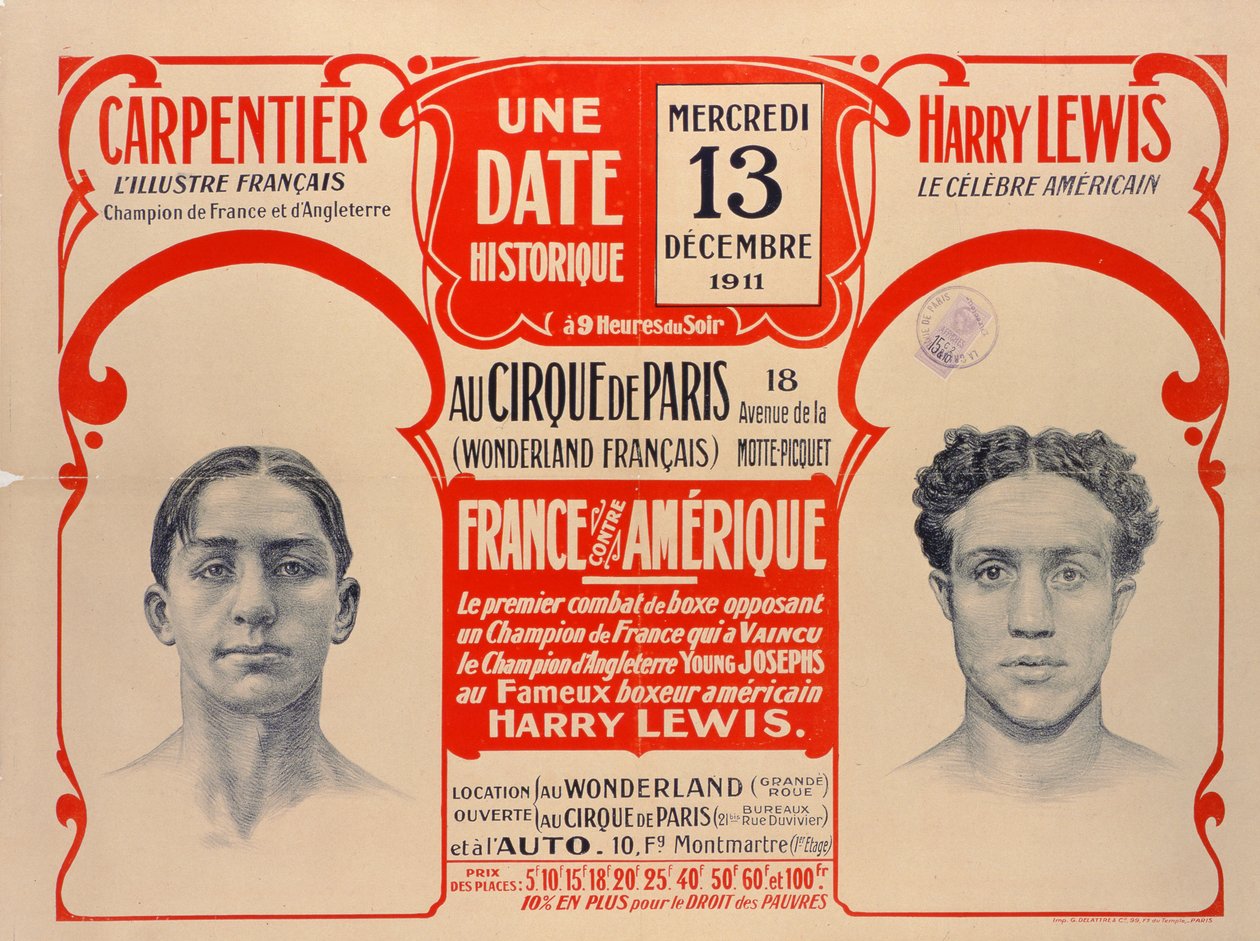 Affisch som annonserar boxningsmatchen mellan Carpentier och Harry Lewis, 1911 av French School