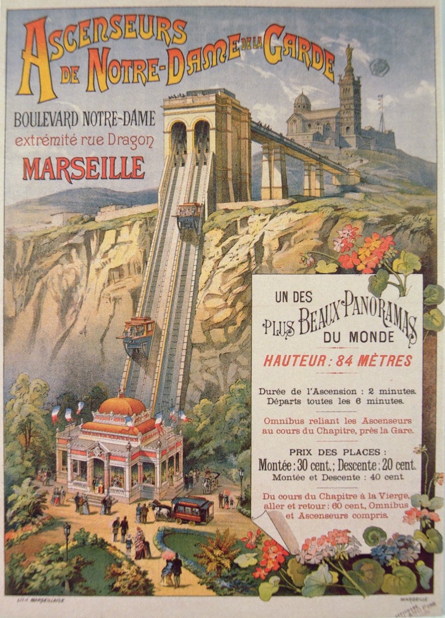 Affisch som annonserar hissen i Notre-Dame de la Garde, Marseille, ca 1900 av French School