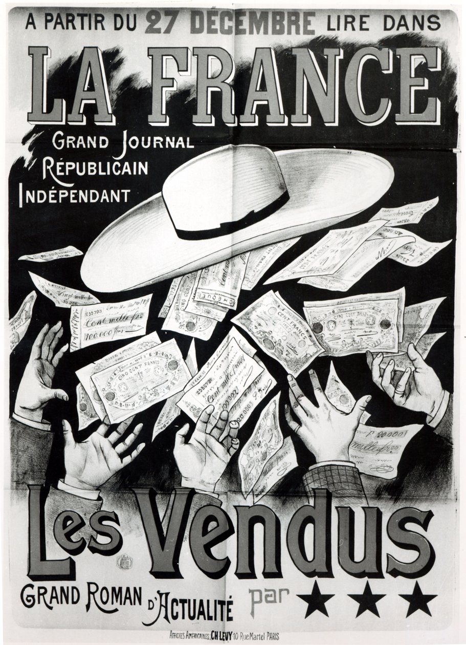 Affisch med reklam för romanen Les Vendus som handlar om Panamaaffären, ca. 1892-95 av French School