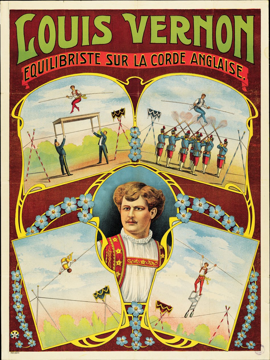 Affisch som reklamerar framträdanden för tightrope-vandring av Louis Vernon av French School