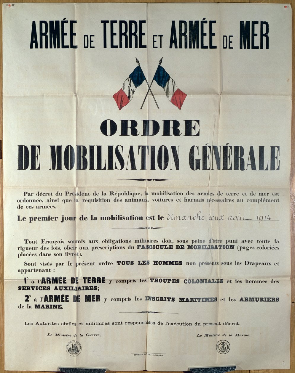 Affisch som tillkännager allmän mobilisering i Frankrike, 2 augusti 1914 av Ministere de la Guerre et de la Marine av French School