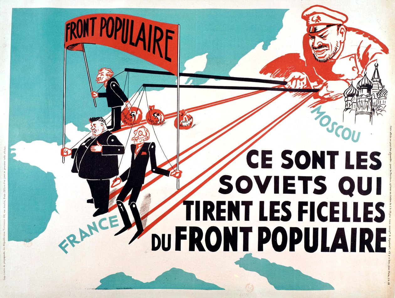 Affisch föreställande Edouard Herriot, Leon Blum som marionetter i Moskva, ca 1936 (affisch) av French School