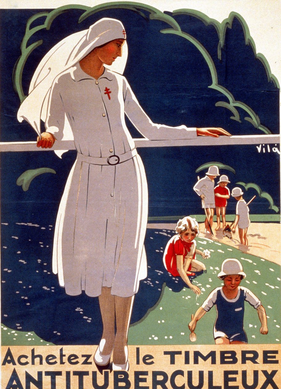 Affisch för "Köp tuberkulosplåstret" publicerad av Nationella kommittén för försvar mot tuberkulos. Lithograhie 1917. av French School