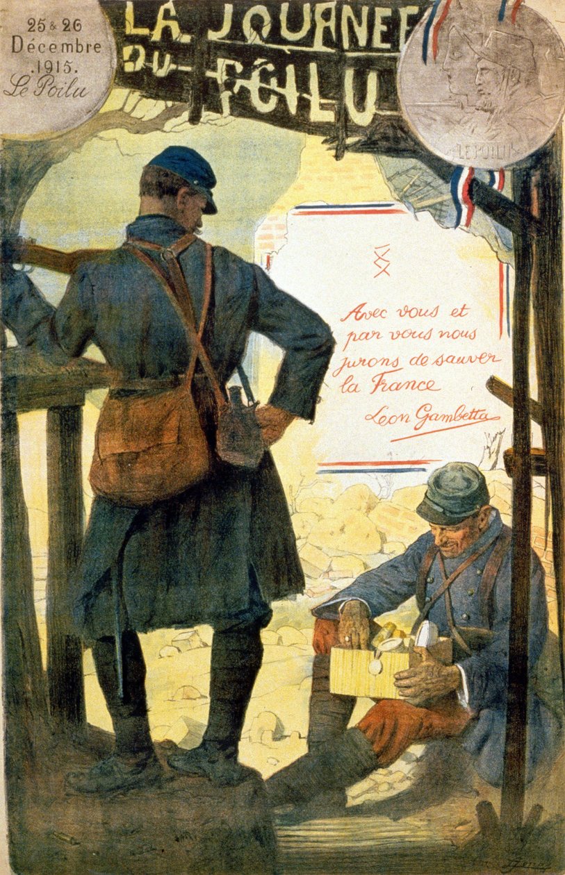 Affisch för “” La journée du poilu - 25 et 26 décembre 1915”” med citatet av Léon Gambetta “” Med dig och av dig svär vi att rädda Frankrike””. (en hårig öppning boxen fick från hans familj). av French School