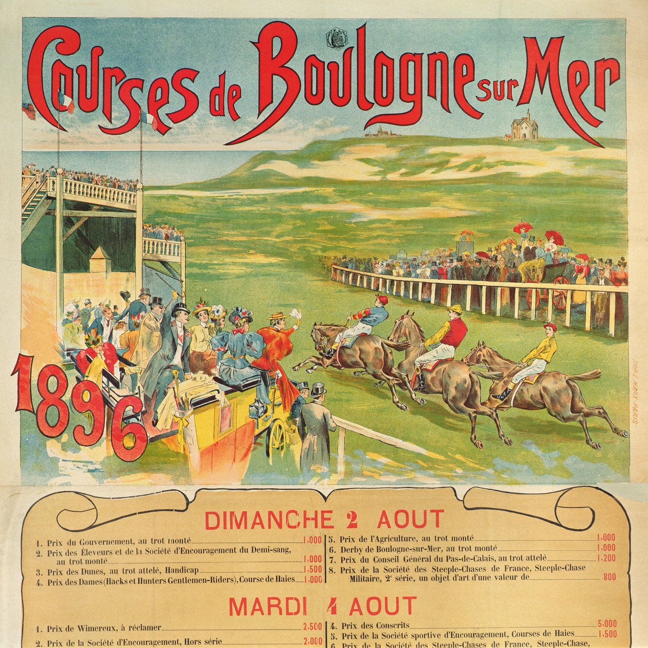 Affisch för hästkapplöpning i Boulogne-sur-Mer, 1896 av French School