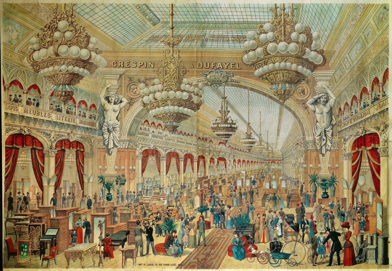 Affisch för butiker (eller gallerier) Crespin Dufayel på Boulevard Barbes i Paris. 1800-talets Paris. Dekorativ konst av French School