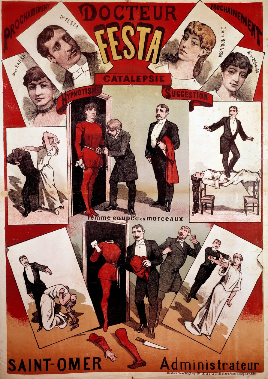 Affisch som presenterar illusionisten Doctor Festas magiska show, början av 1900-talet (tryck) av French School