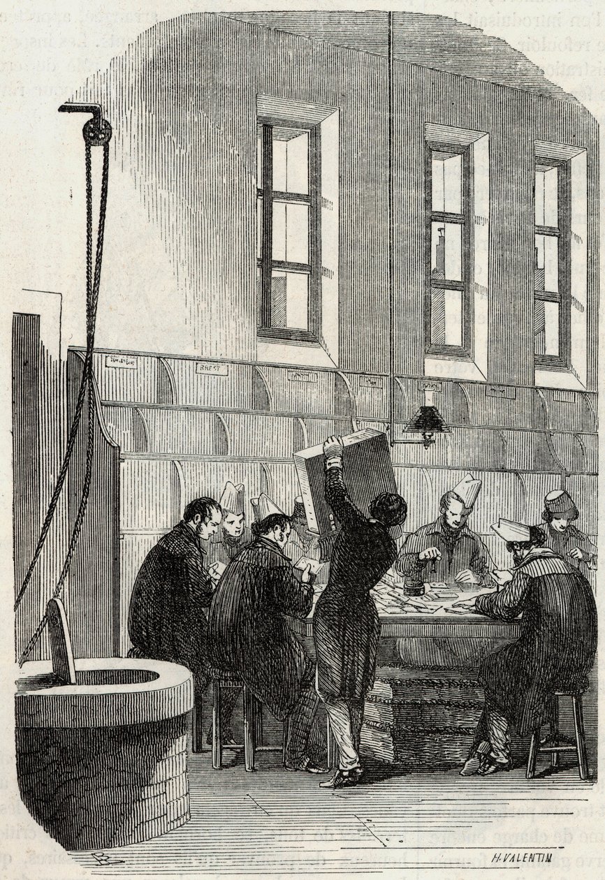 Inlägg: Sortering av brev för avdelningar och utomlands - Gravyr i "Tableau-de-Paris" av Edmond Texier 1852 av French School