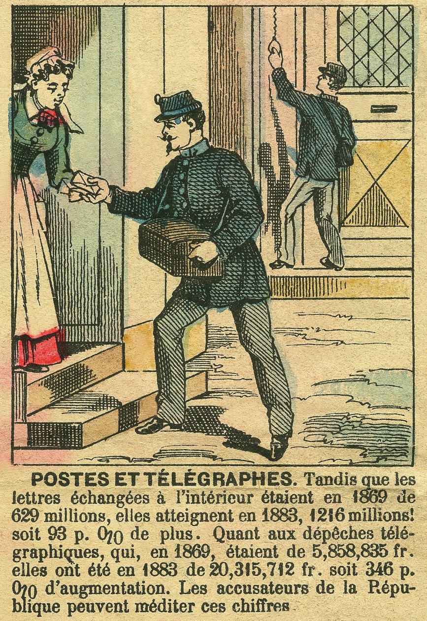 Postar och telegrafer, som illustrerar hur bra telekommunikationer och postkontor fungerar tack vare republiken. Gravyr, i "" Le Figaro, tillägg"", den 30/03/1889, Paris. Coll. Selva. av French School