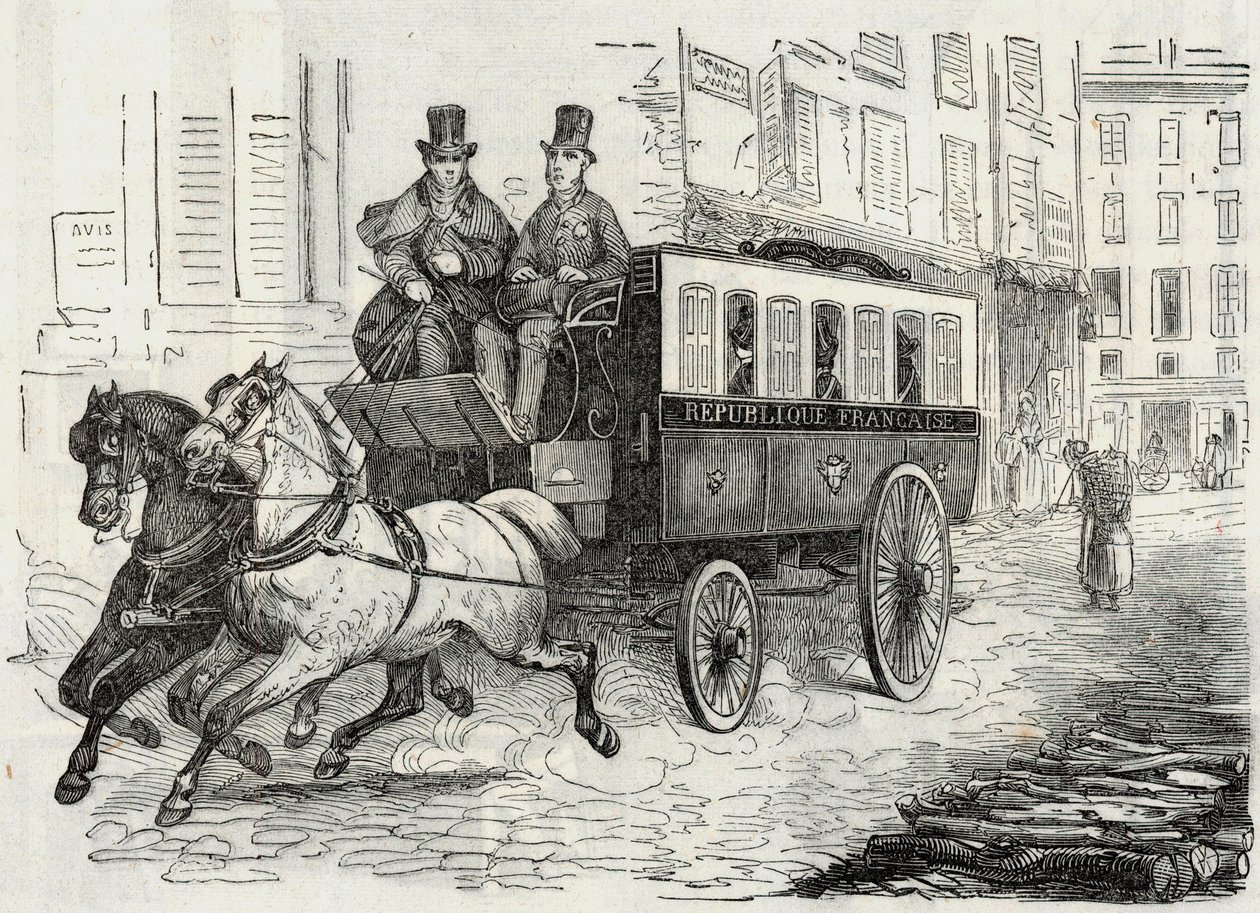 Inlägg: brevbärarnas omnibus - Gravyr i "Tableau-de-Paris" av Edmond Texier 1852 av French School