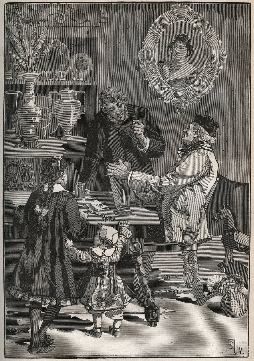 Potichomy, en 1800-talsprocess för att imitera porslinsvaser från Kina och Japan. Gravyr från 1880 i "" Les arts et metiers illustres"" av Adolphe BITARD. av French School
