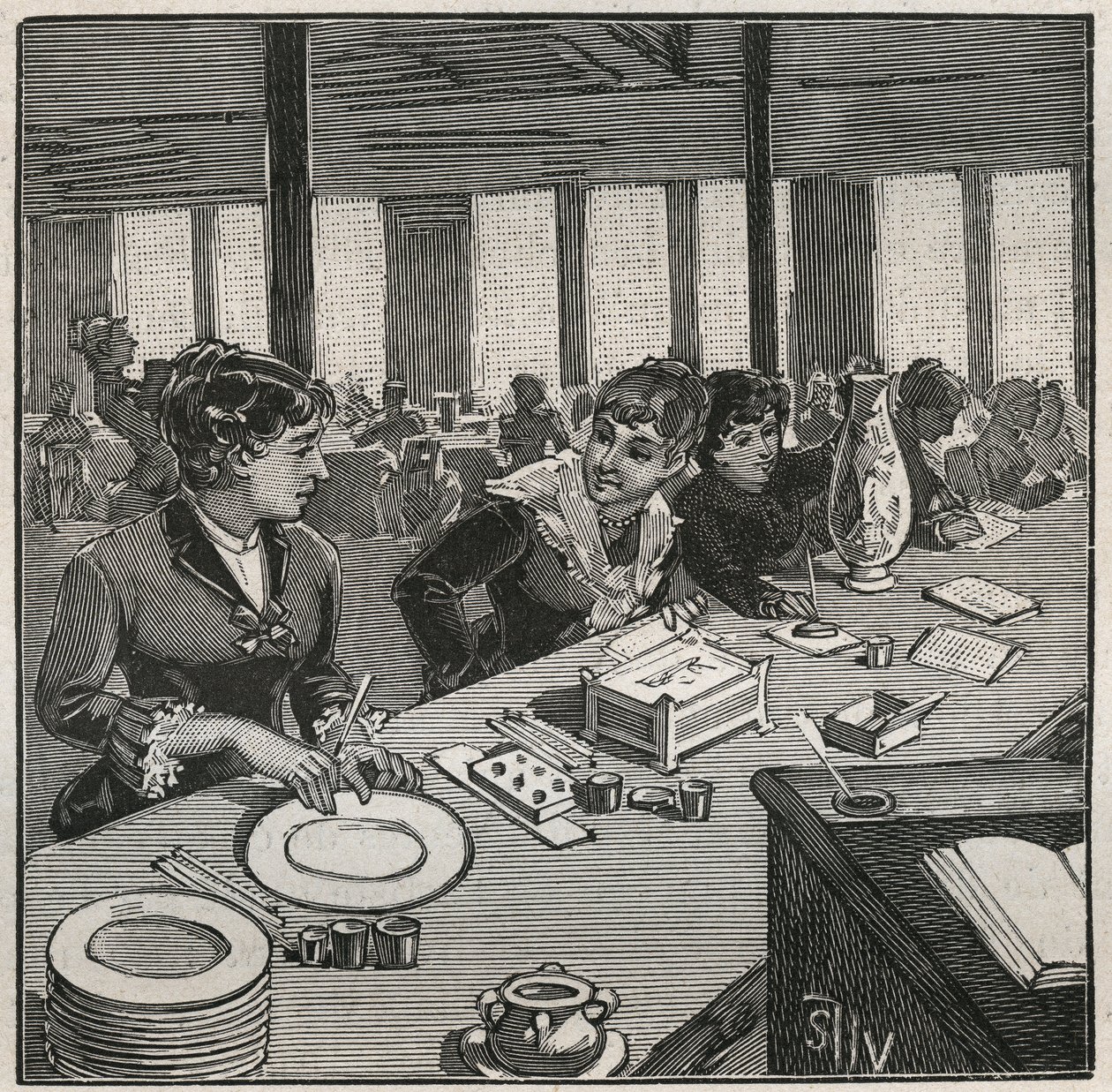Keramik: målarverkstad på porslin på 1800-talet i Frankrike. Gravyr från 1880 i "" Les arts et metiers illustres"" av Adolphe BITARD. av French School