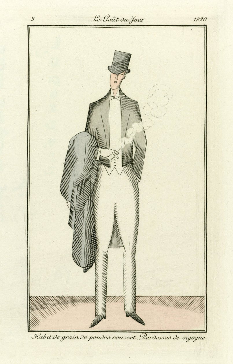 Pulveriserad spannmålsvana täckt. Vicuna överrock från Costumes Parisiens, pub.1912 (handkolorerad gravyr av French School