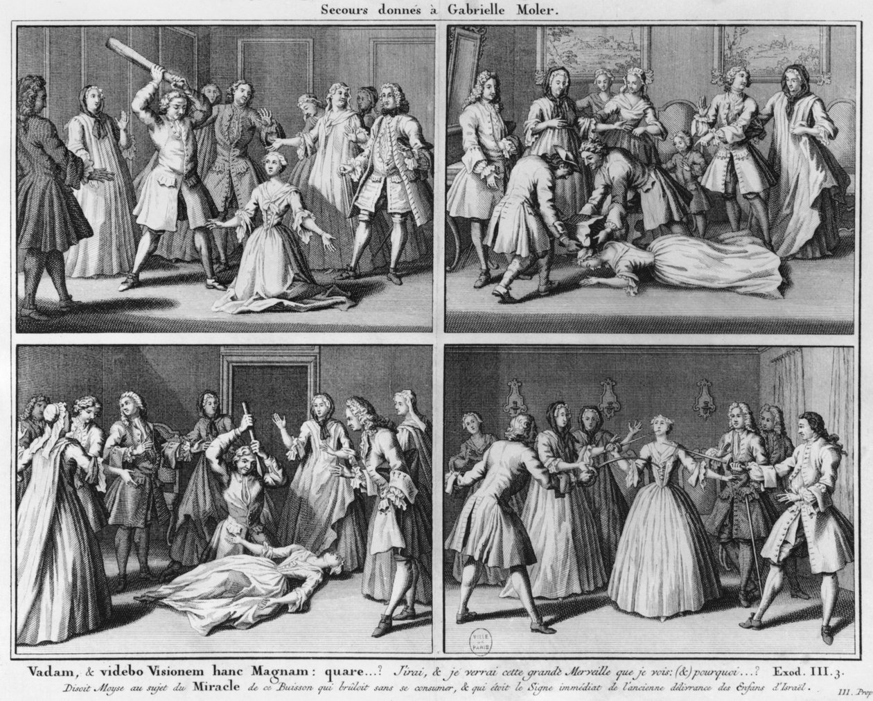 Praktik för assistans till Gabrielle Moler, illustration från La verite des miracles de M. de Paris... av Louis Basile Carre de Montgeron (1686-1754) 1747, Köln av French School