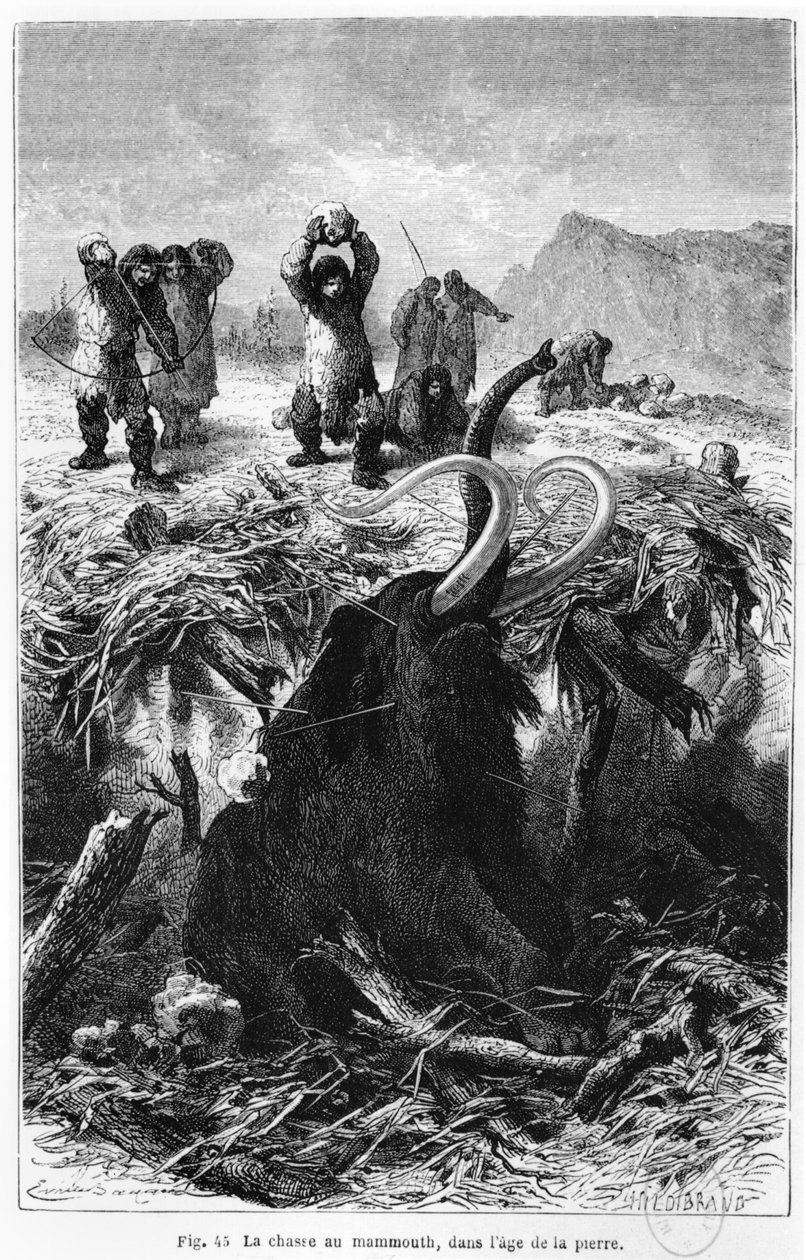 Förhistoriska män som jagar en mammut, illustration från LHomme primitif av Louis Figuier, publicerad Hachette, Paris, 1870 av French School