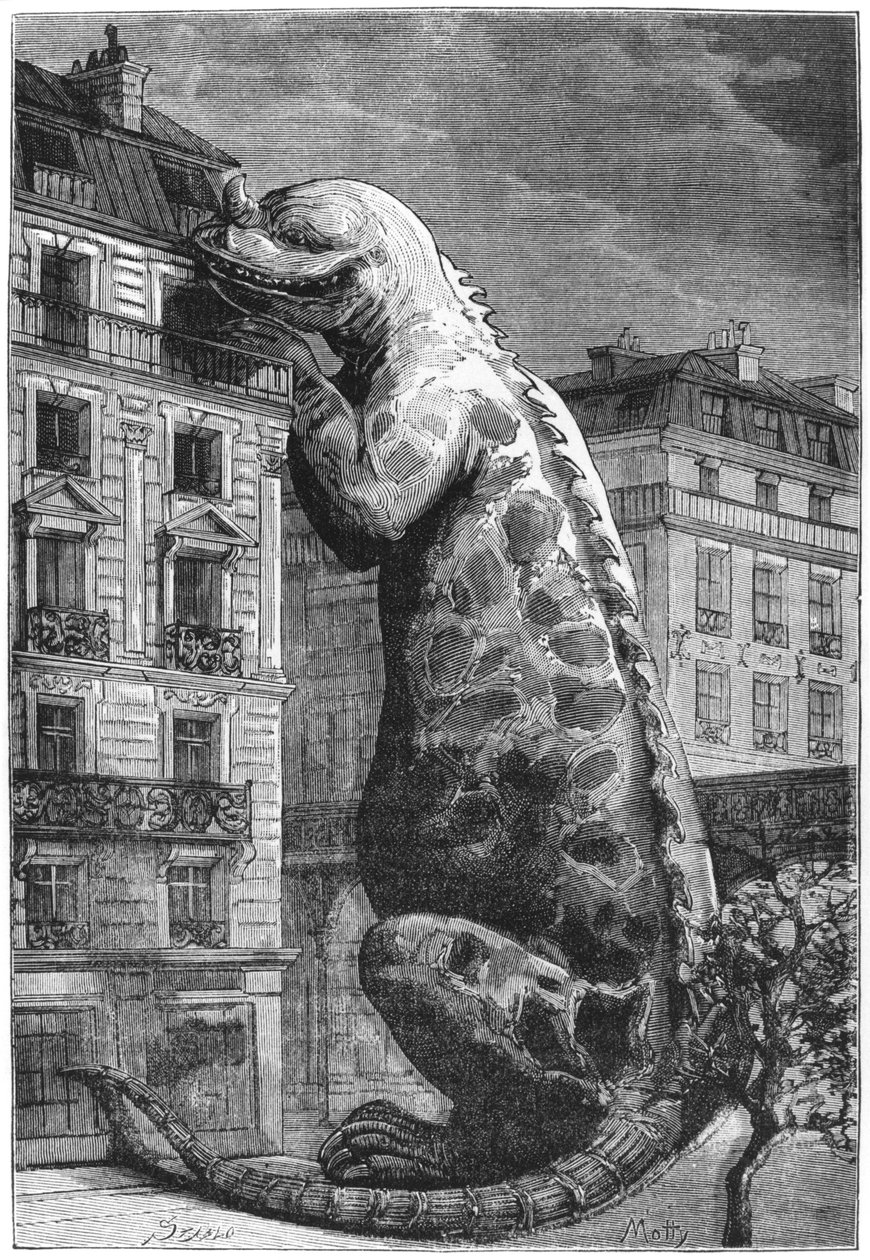 Förhistoriskt monster i en modern stad, graverad av Motty (1800-talet) illustration från Le Monde Avant la Creation de lHomme av Camille Flammarion, publicerad av Marpon och Flammarion, 1886 (gravyr av French School