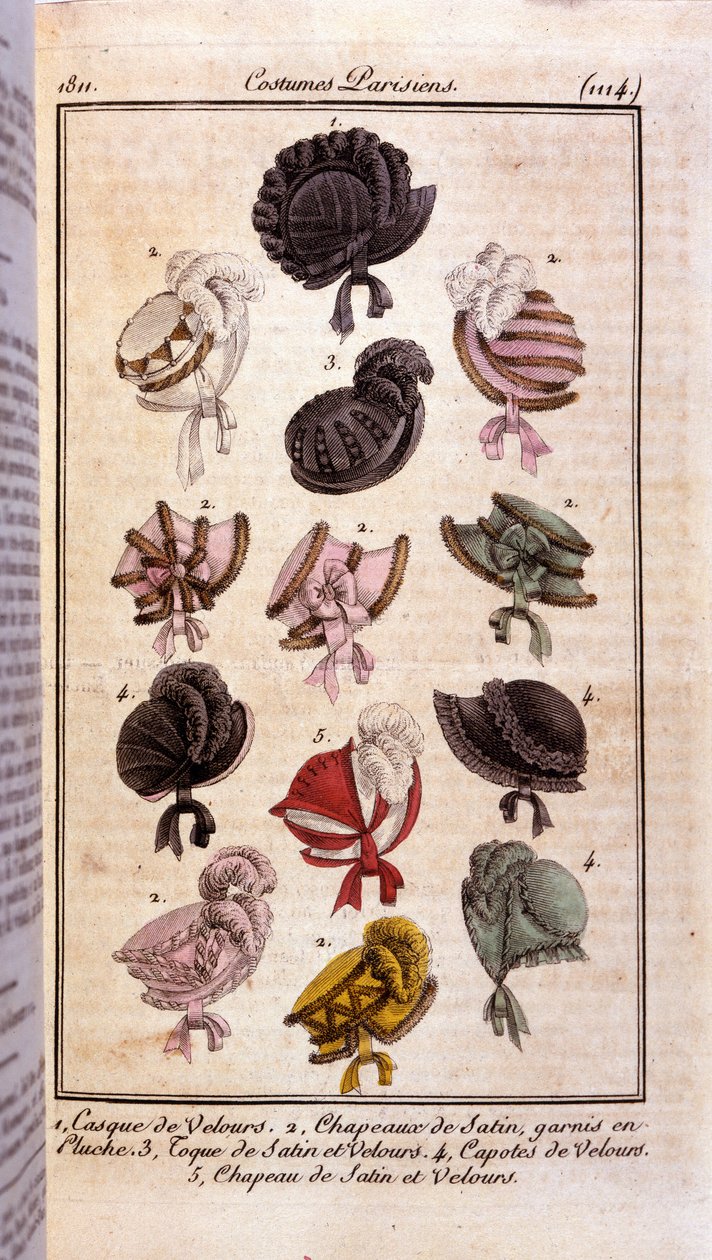 Premier empire mode: olika modeller av damhattar, sammetshjälm, satinhattar, hatt och kondomer. Gravyr från 1811 av French School