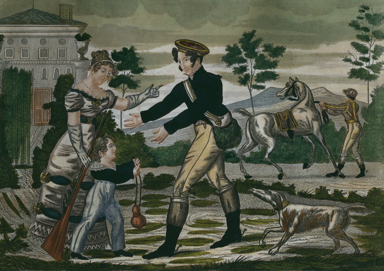 Förbereder för jakten, skylt 1, tidigt 1800-tal (färgstick) av French School