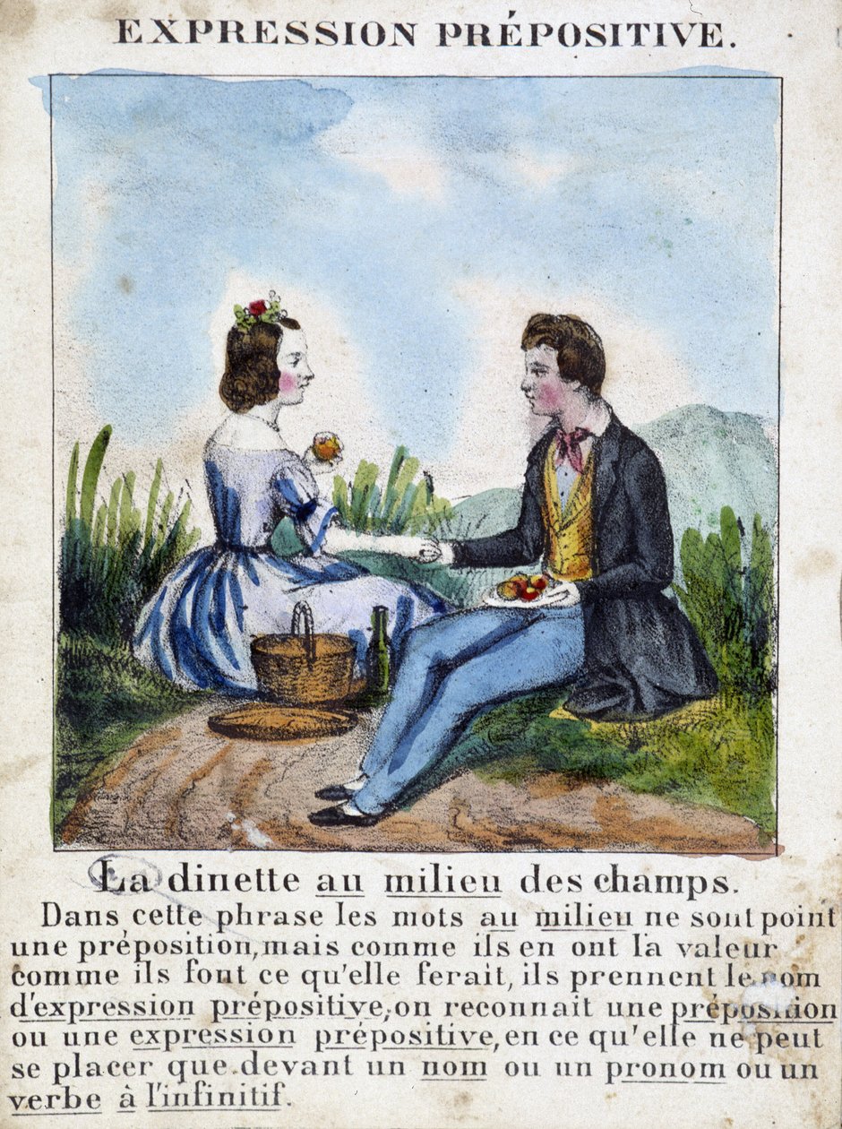 Prepositivt uttryck (Dinetten i mitten av fälten) - grammatikbok i bilder, ca 1850 av French School