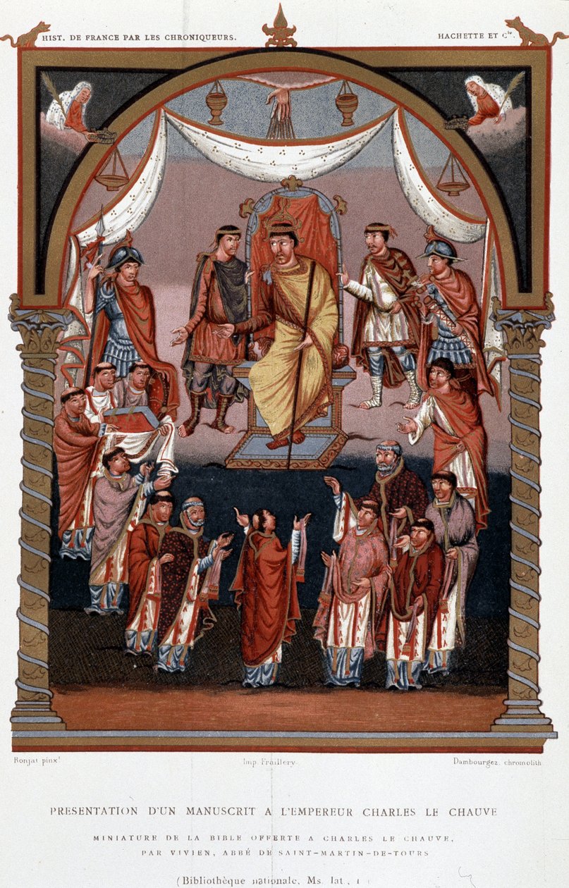 Presentation av ett manuskript till Karl den skallige, 9:e, "The Chroniclers of the History of France from the Origins to the 16th Century" av Mme de Witt, Paris av French School