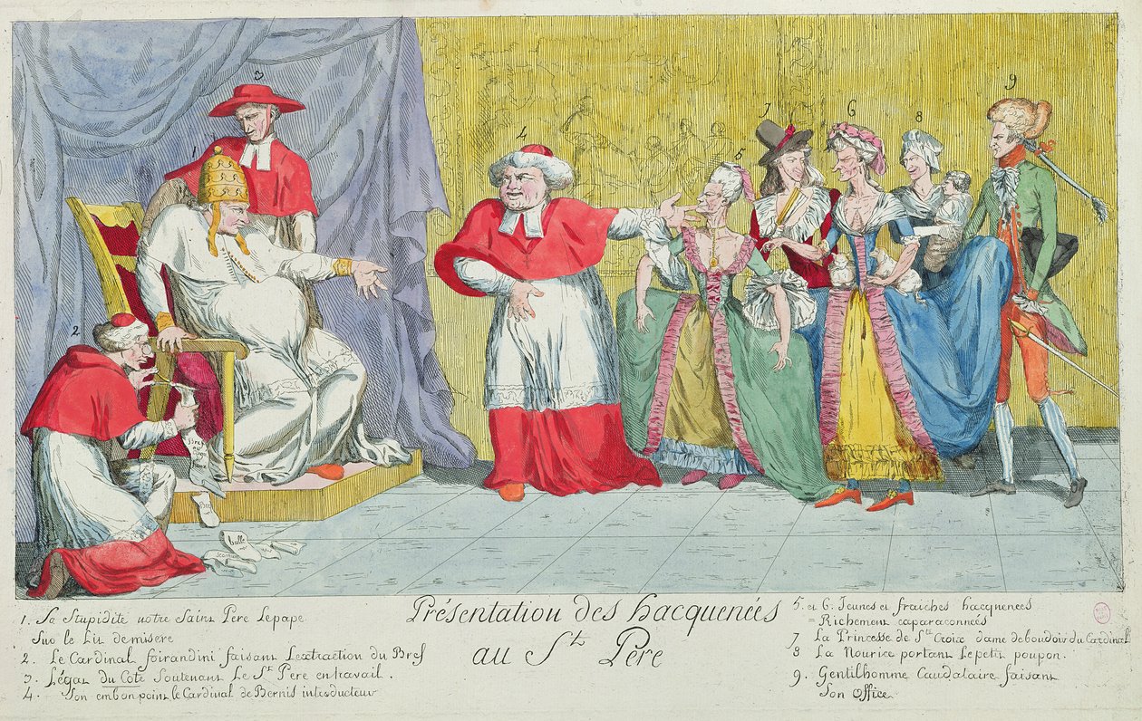 Presentation av Mares till den Helige Fadern, karikatyr av införandet av Adelaide (1732-1800) och Victoire de France (1733-99) för påven, 17 april 1791 av French School