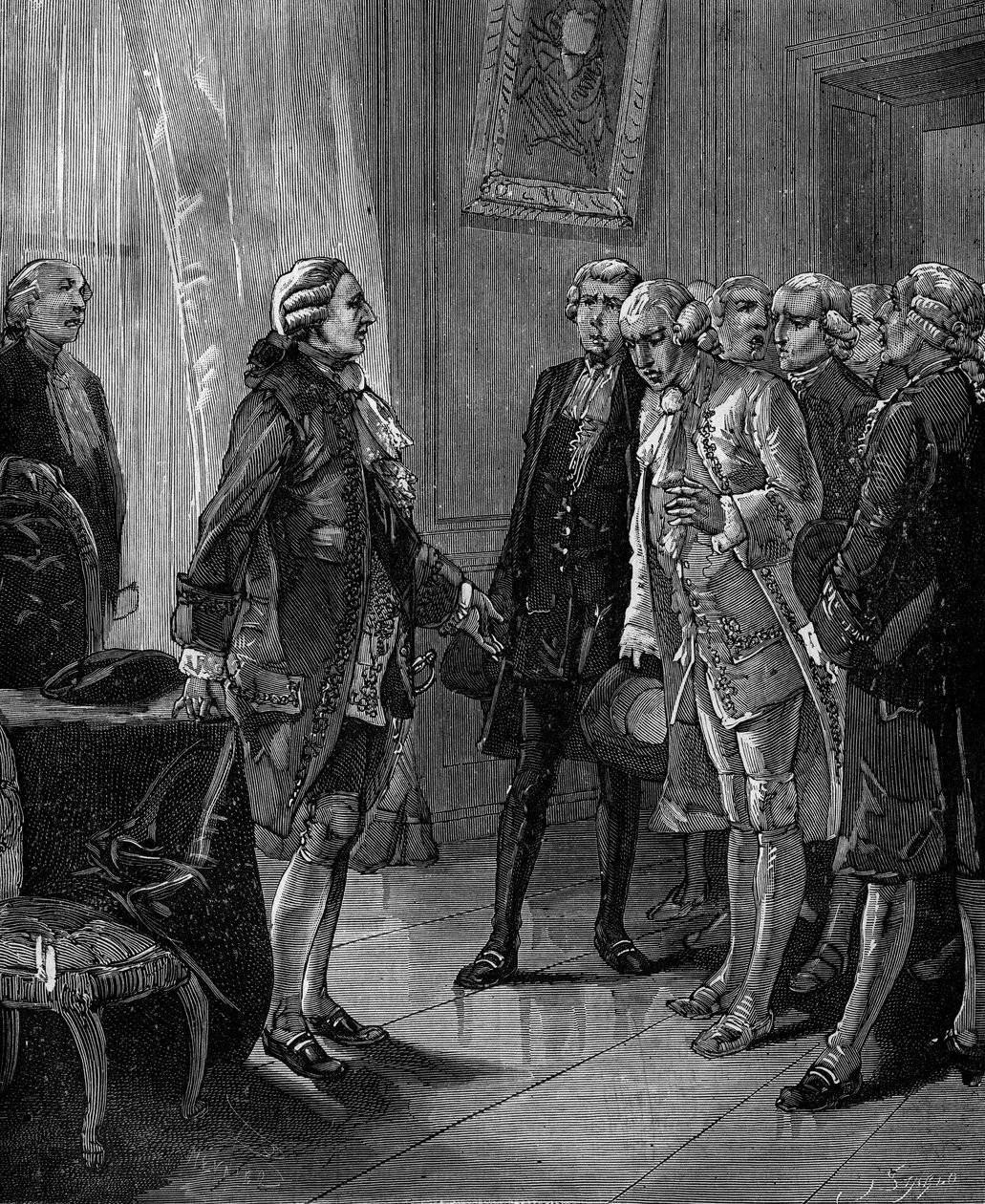 Presentation för kungen av Frankrike Ludvig XVI av förslaget till skapandet av Conservatoire des arts et metiers 1783. av French School