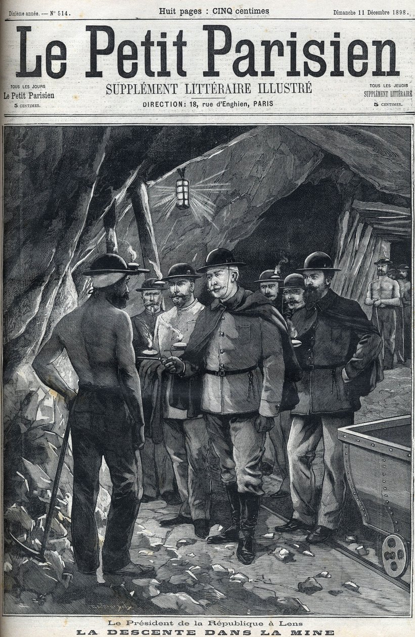 Republikens president Felix Faure besökte Lens gruvor i december 1898. Omslag till tidningen "" Le petit Parisien"". av French School