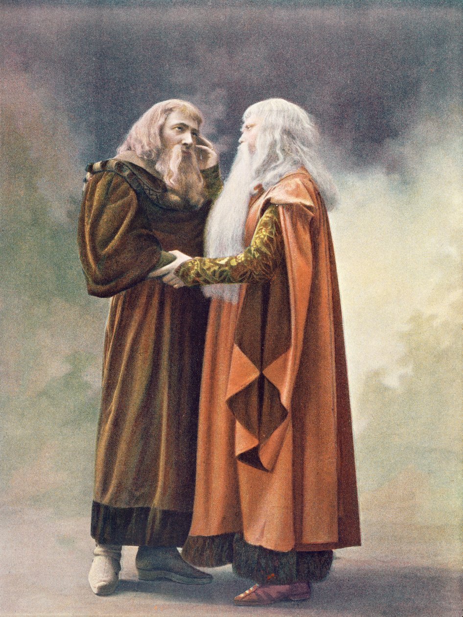 Prins Golaud och hans farfar, kung Arkel, i Pelleas och Melisande av Debussy, från ett fotografi av den första produktionen i april 1902 av operan på Opera-Comique i Paris, illustration i av French School