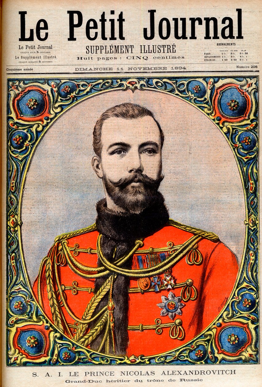 Prins Nicholas Alexandrovich, arvtagare till den ryska tronen (blivande kejsare och tsar Nicholas II) Prins Nicholas Alexandrovich, storhertig av Rysslands tron. Illustration för Le Petit Journal av French School