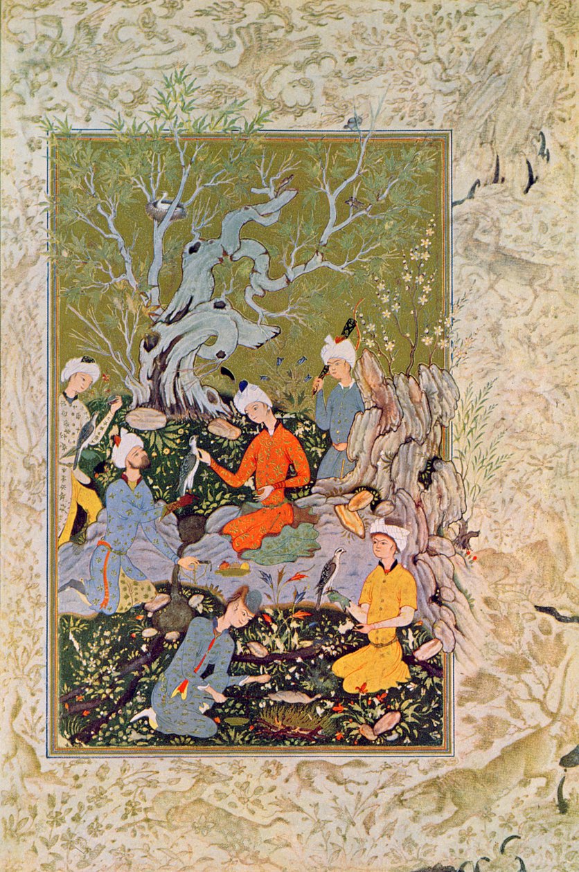 Prinsjakt med falkar, Illustration för The Arabian Nights, 1895 (färgstick) av French School