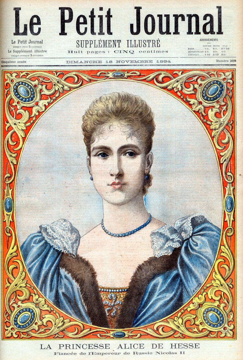 Prinsessan Alix av Hessen (Alexandra Feodorovna) (Alexandra Feodorovna Romanov) fästmö till tsar Nicholas II av Ryssland. Prinsessan Alice av Hessen och Rhen (1872-1918). Fästmö till den ryske kejsaren Nicholas II. Illustration för Le petit Journal av French School