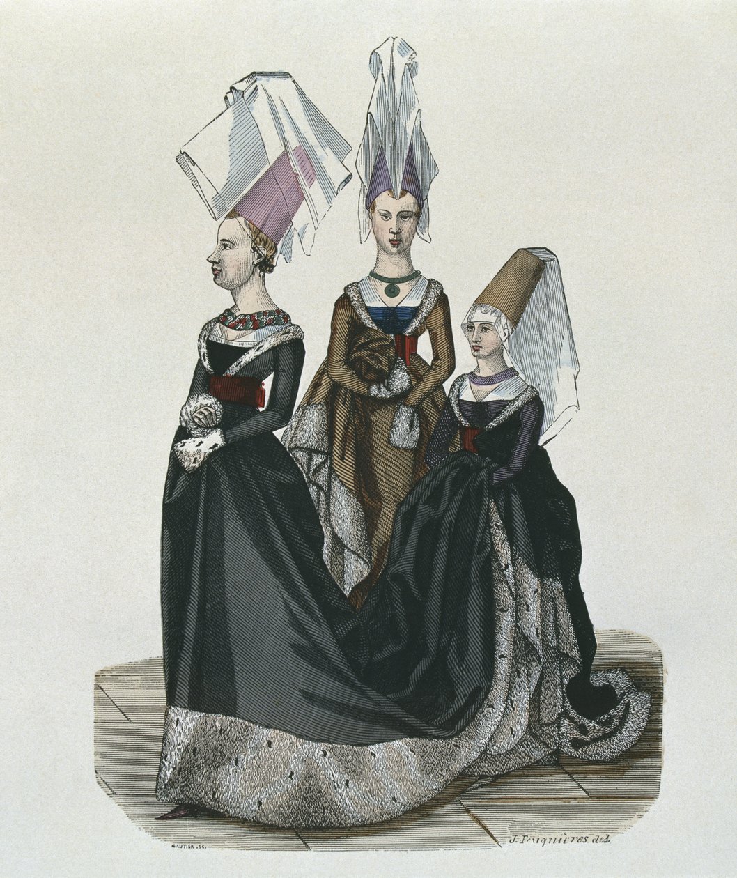 Prinsessa och hovdamer 1470, graverade av Gautier av French School