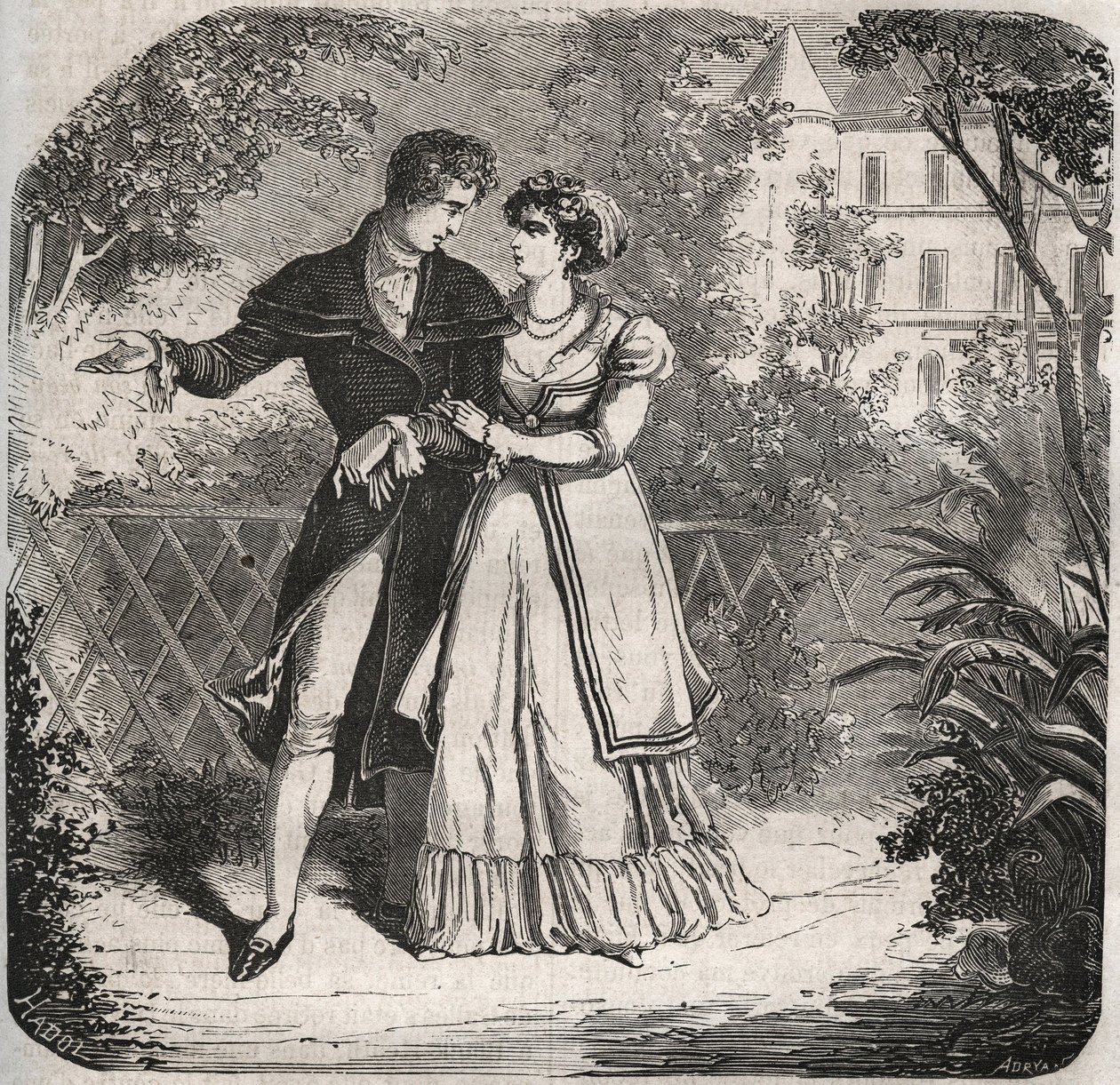 Prinsessan av Wales Carolina av Brunswick (1768-1821) på promenad med sin älskare, Bartolomeo Bergami. Gravyr från 1871 i "Histoire Des Cocus Celebres"" av Henry de Kock (1819-1892). av French School