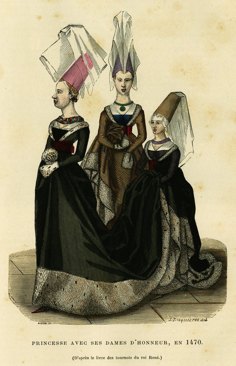 Prinsessa med sina hedersdamer, omkring 1470. Färggravyr efter boken om kung Renés turneringar, i "France et les francais a travers les siecles" av Augustin Challamel, F.Roy editor, Paris 1882. Selva-samlingen. av French School