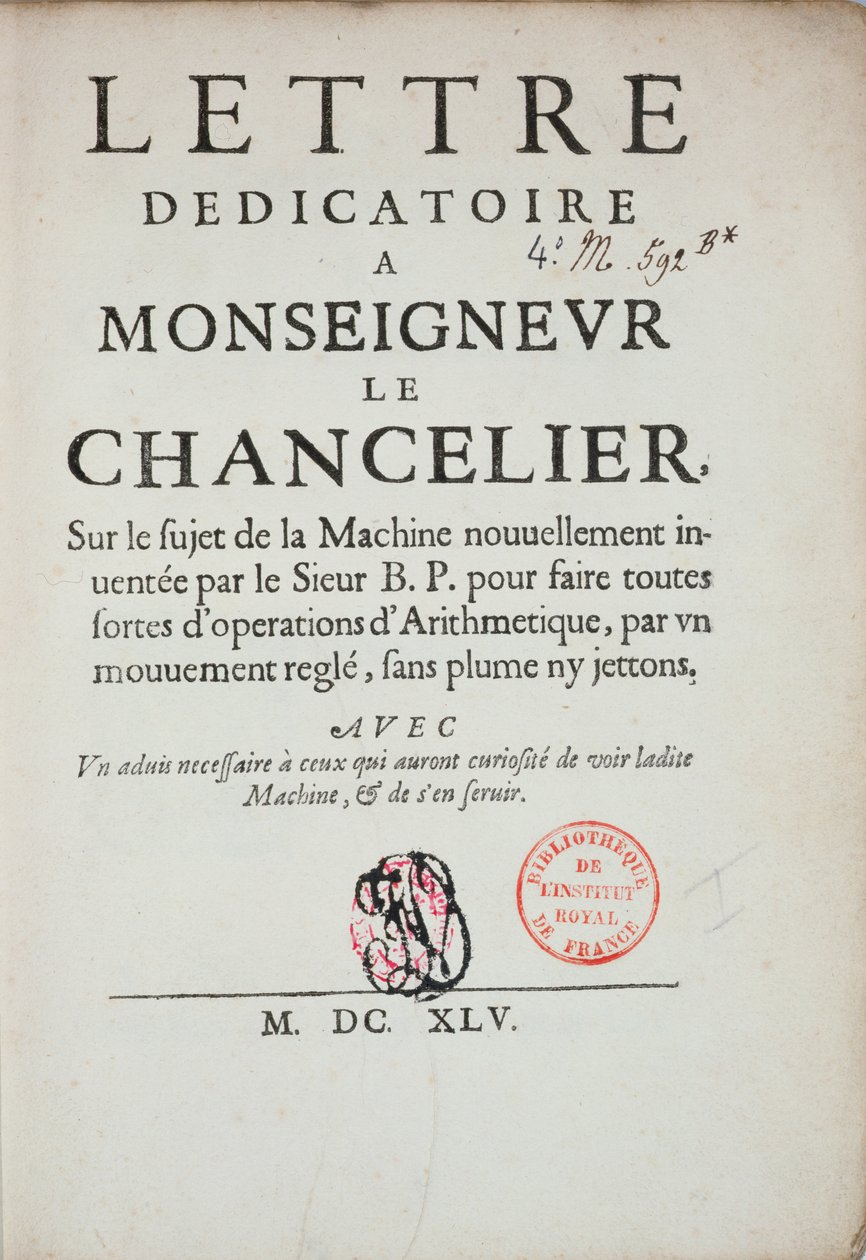 Tryckt dedikationsbrev om uppfinningen av räknemaskinen av Blaise Pascal (1623-62) 1645 av French School