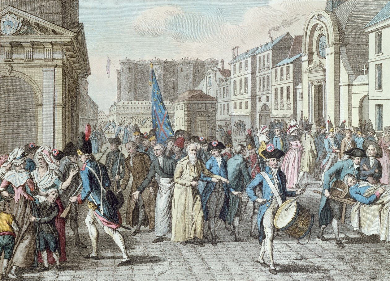 Fångar i rue Saint-Antoine efter frigivningen från Bastiljen den 14 juli 1789 av French School