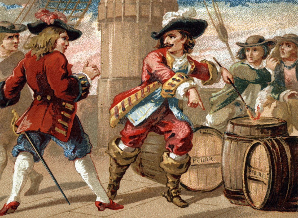 Kaparen Jean Bart (1650-1702) hotade en engelsk kapare som tog honom till fånga genom att hota honom att spränga hans skepp genom att sätta eld på en tunna med krut. Kromolitografi från slutet av 1800-talet av French School