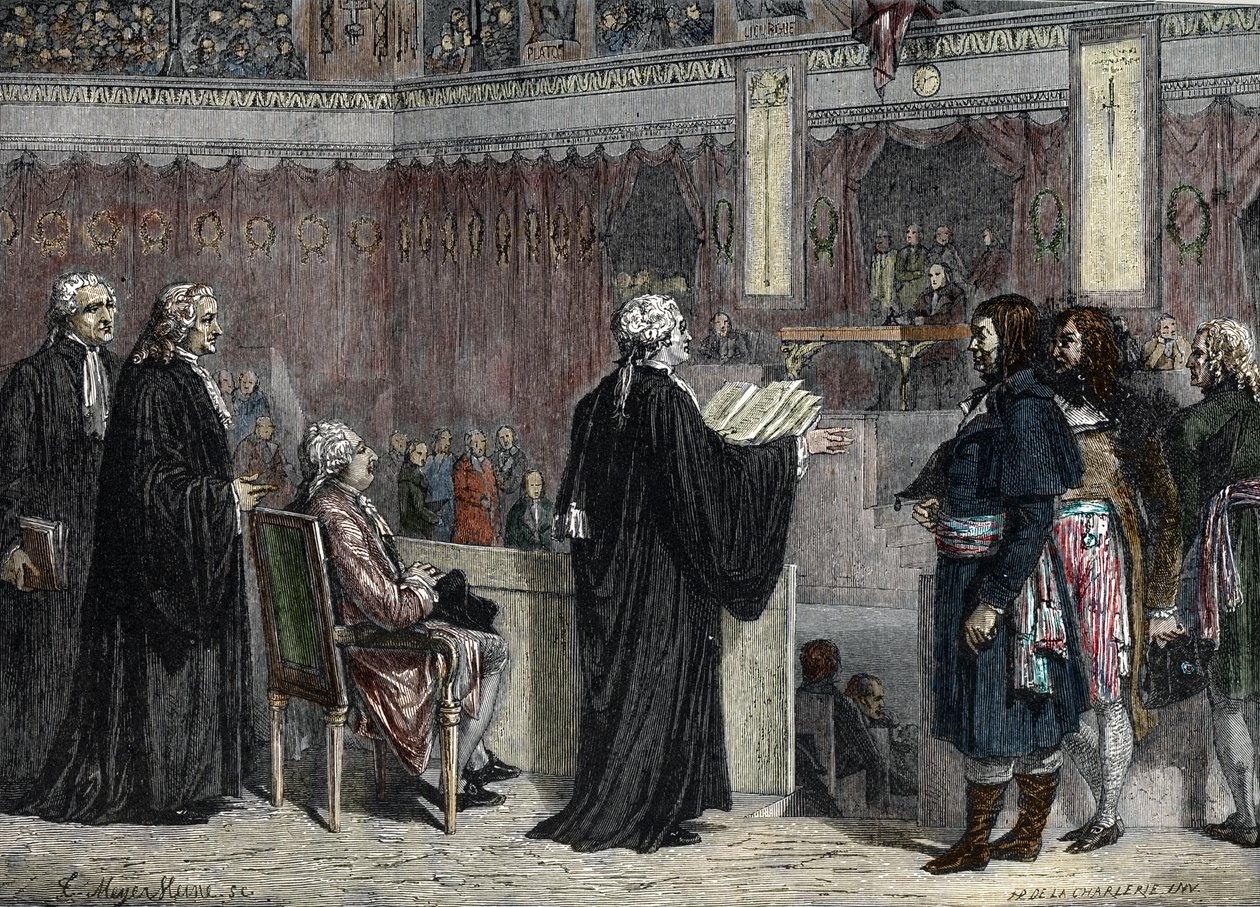 Proces de Louis XVI: Ludvig XVI:s framträdande inför Nationalkonventets deputerade (färggravyr) av French School