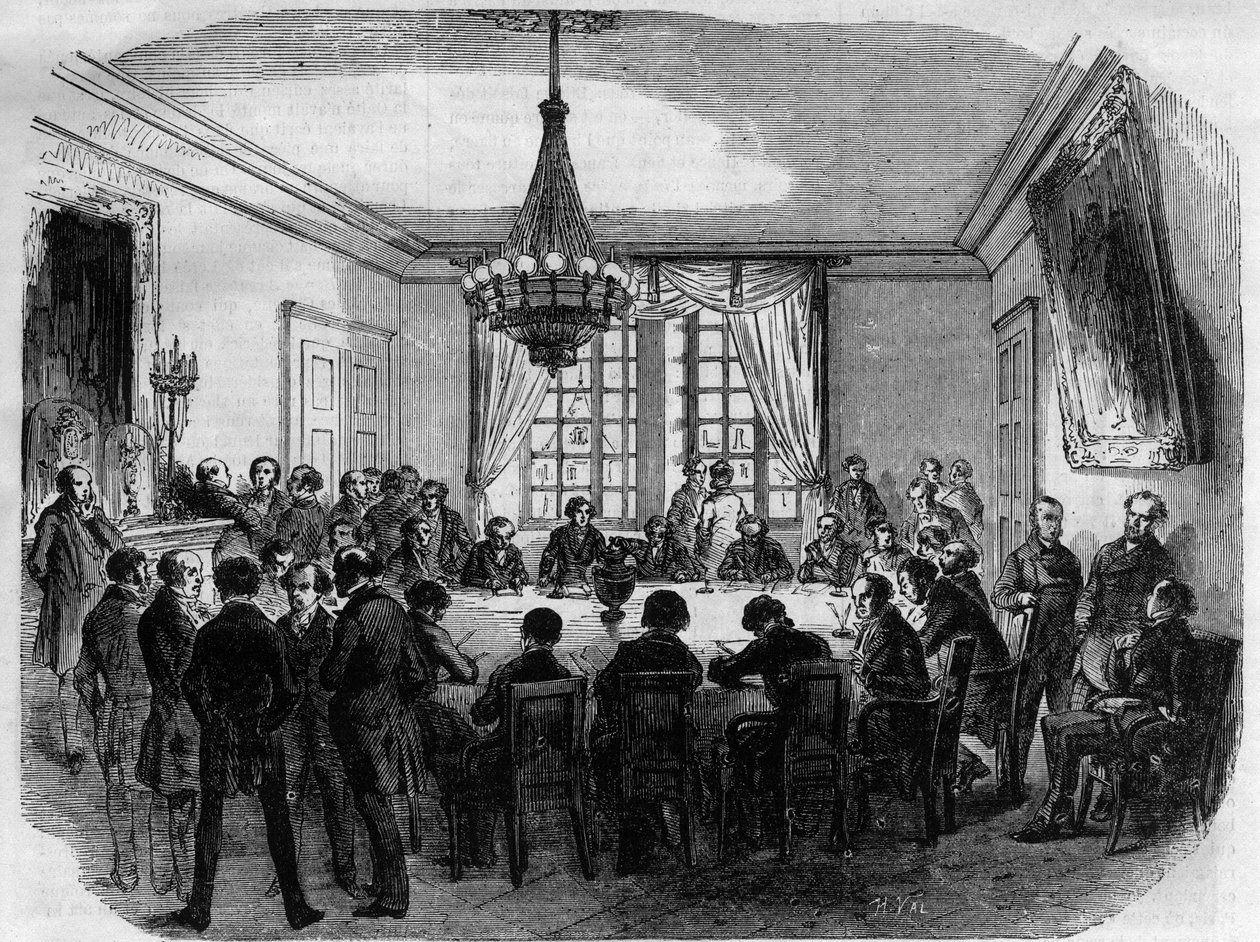 Processen för prins Pierre (Pierre-Napoleon) Bonaparte (1815-1881) - juryn vid High Court of Justice som förbereder sin dom i överläggningarnas kammare - Gravyr från 1870 av French School